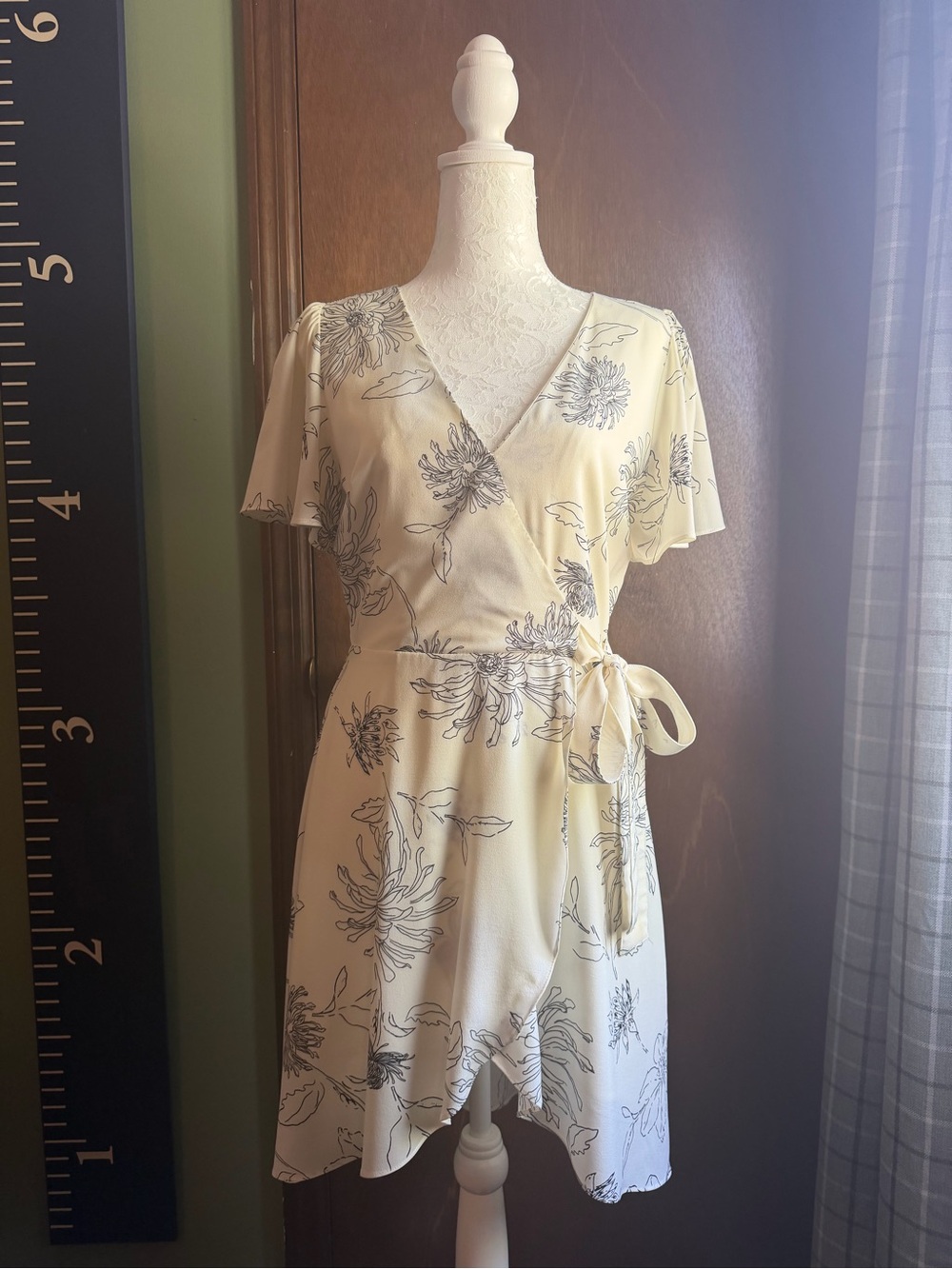 Lulus Floral Mock Wrap Dress - Cream with Black Print
